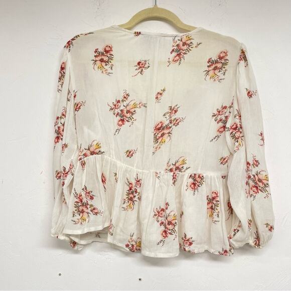 Hollister Cream & Pink Floral Puff Sleeve Boho Lace Trim Blouse XS Romantic - Picture 7 of 7